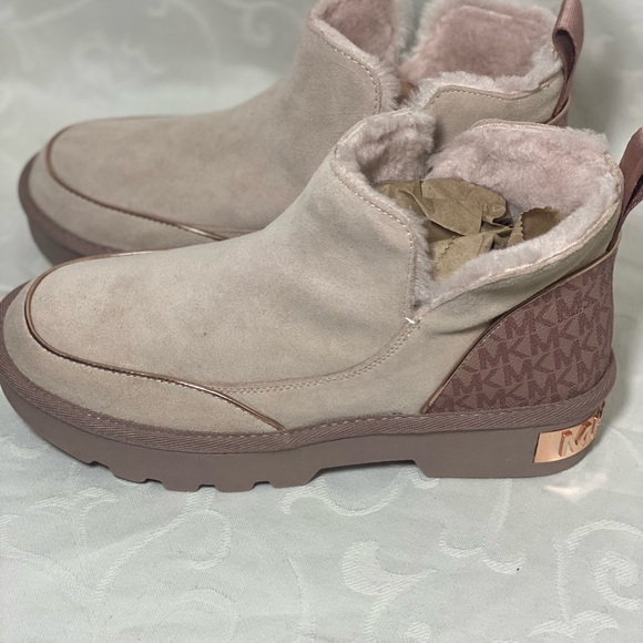 New Michael Kors Alfie Pink Fawn Rose Gold Suede Monogram Boot - Picture 9 of 15